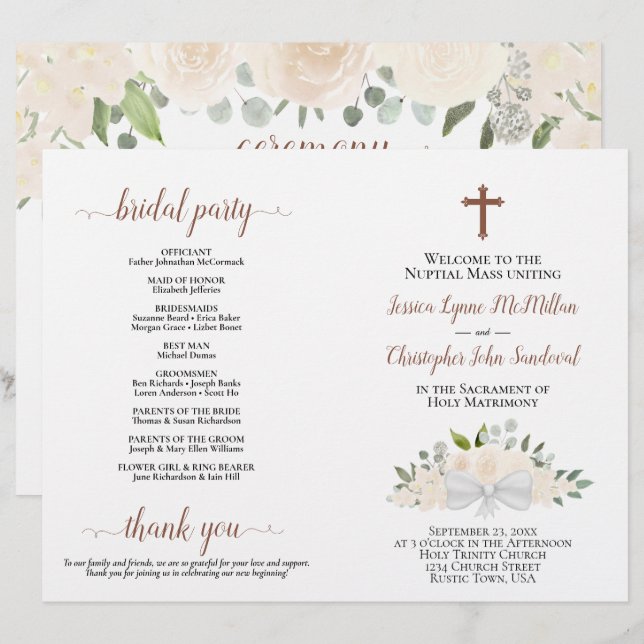 Champagne Roses DIY Fold Catholic Wedding Program (Front/Back)