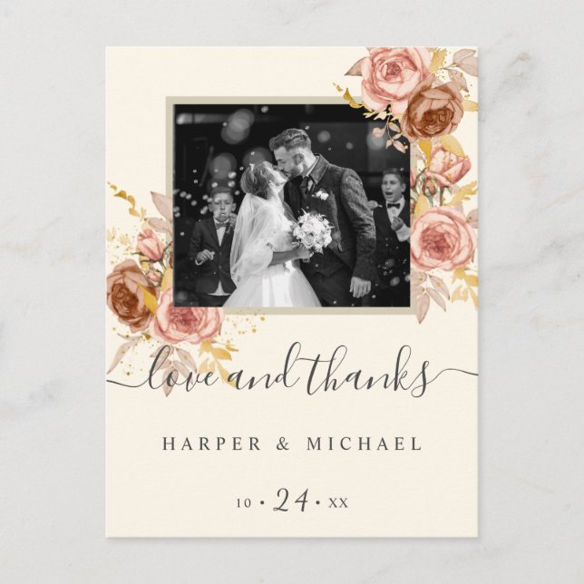 Champagne roses photo wedding thank you postcard (Front)