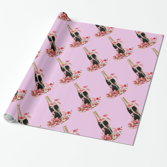 Champagne & Roses Pink Wrapping Paper (Unrolled)