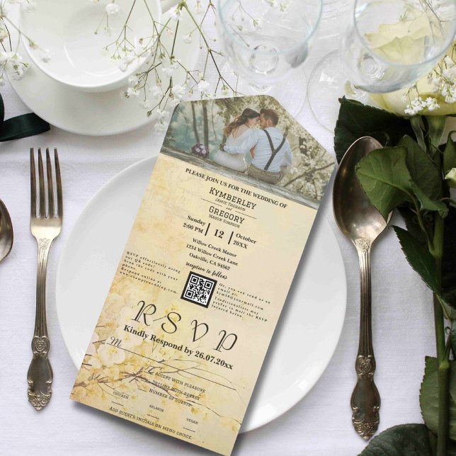 Champagne Sakura Cherry Blossoms Photo QR Code All In One Invitation (Creator Uploaded)