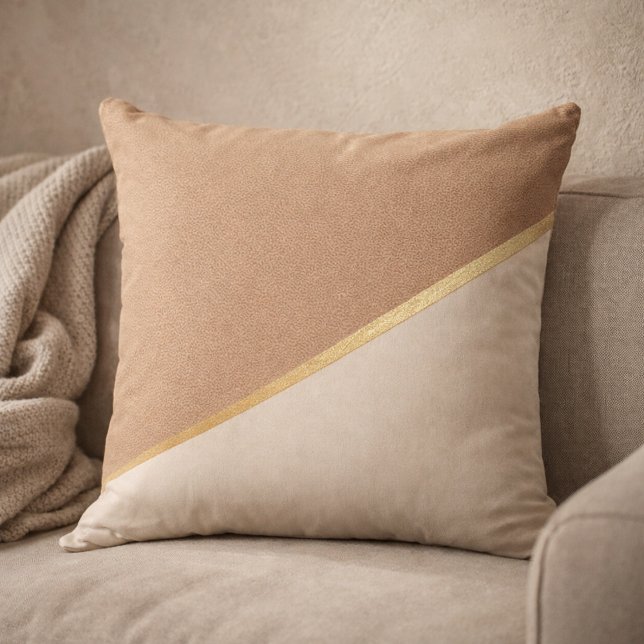 Champagne Sand Split Throw Pillow (Taupe and beige coastal accent with diagonal champagne metallic detail)