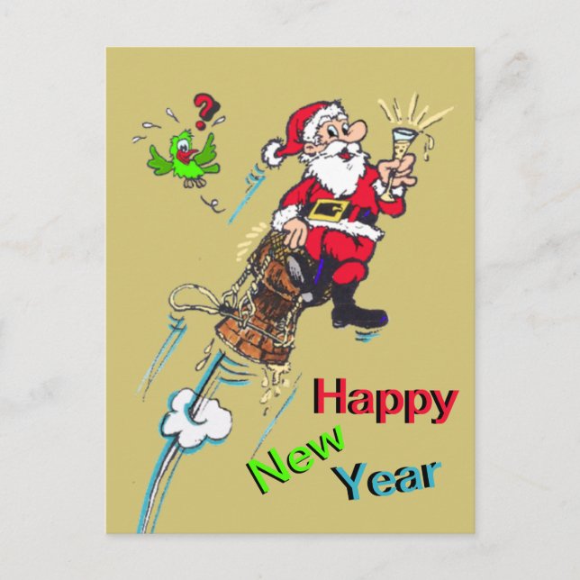 Champagne Santa New Year Cust. Text Postcard (Front)