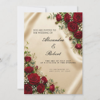 Champagne Satin Red Rose Wedding Invitation
