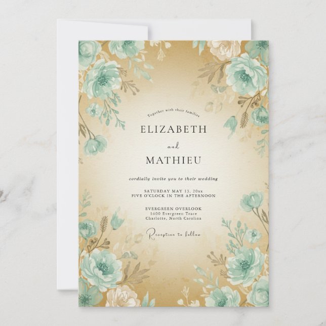 Champagne Seafoam Peony Wedding Invitation (Front)