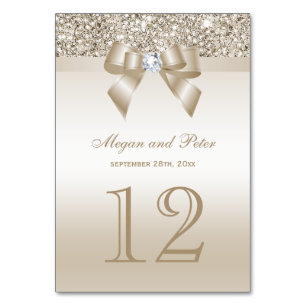 Champagne Sequins Bow Wedding Table Number Cards