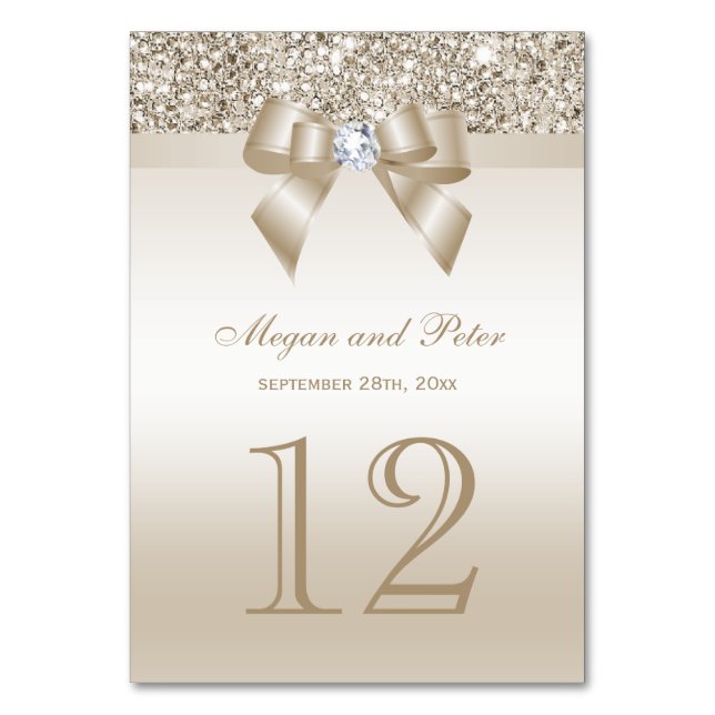 Champagne Sequins Bow Wedding Table Number Cards (Front)