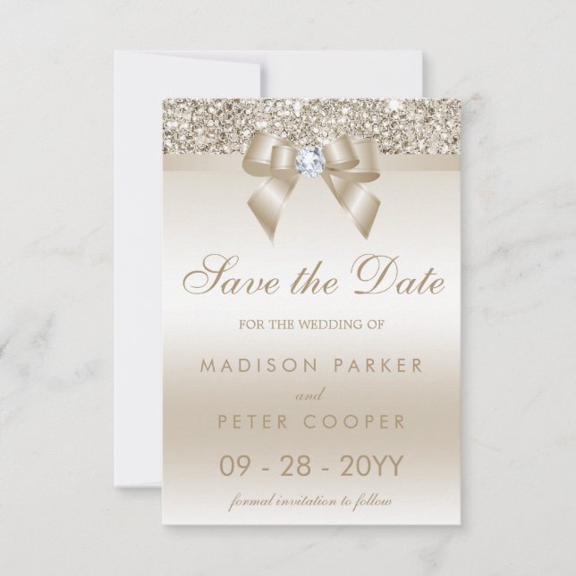 Champagne Sequins Diamond Bow Save The Date (Front)