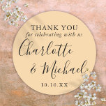 Champagne Signature Wedding Favour Thank You Classic Round Sticker<br><div class="desc">Champagne signature wedding favour thank you classic round sticker featuring signature style names. Personalize with your special thank you information in chic typography. Designed by Thisisnotme©</div>