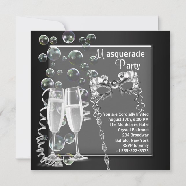 Champagne Silver Black Masquerade Party Invitation (Front)