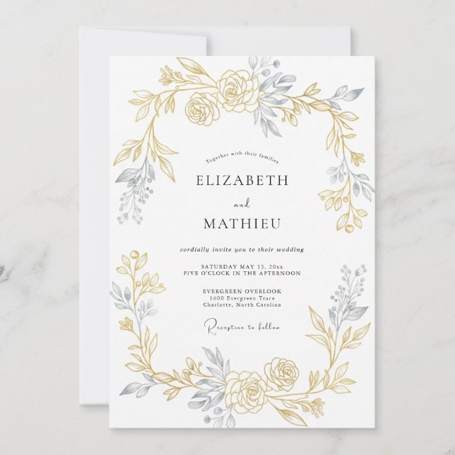 Champagne Silver Peony Wedding Invitation (Front)