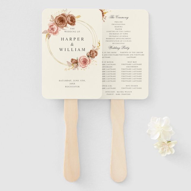 champagne soft pink gold wreath wedding hand fan (Front and Back)