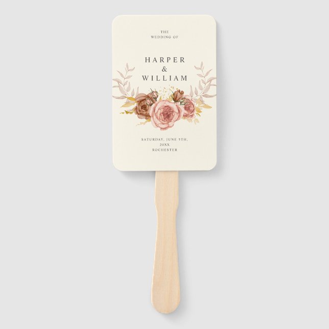 champagne soft pink roses crest wedding hand fan (Front)