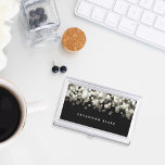 Champagne Spark | Personalized Business Card Holder<br><div class="desc">Elegant business card holder features your name and/or business name in modern white lettering on a rich black background beneath a top border of luminous bokeh lights in shades of white and champagne.</div>