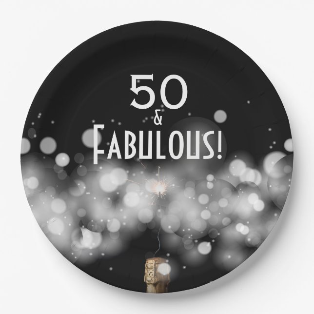 Champagne & Sparkler 50 & Fabulous Paper Plates (Front)