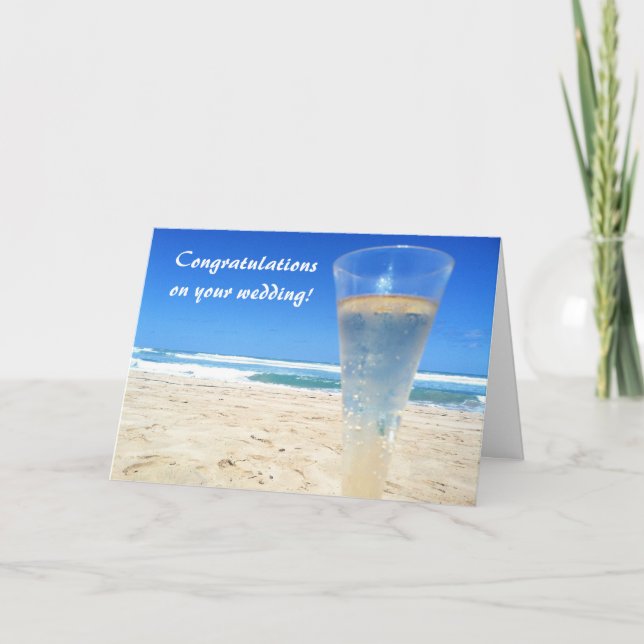 Champagne sur la carte de mariage de plage (Devant)