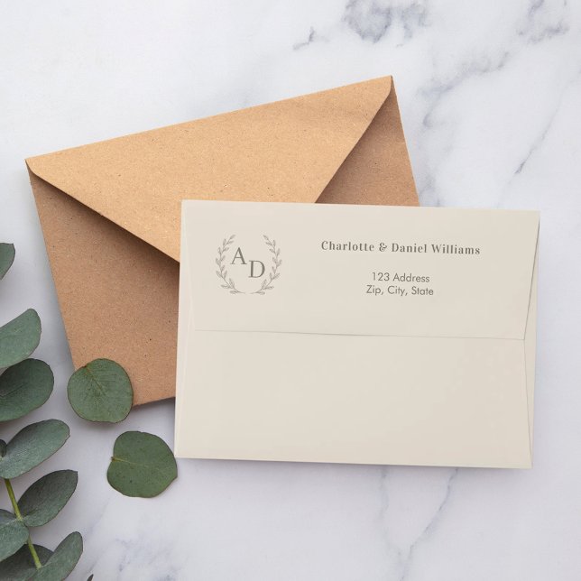 Champagne taupe monogram wreath return address envelope (Creator Uploaded)