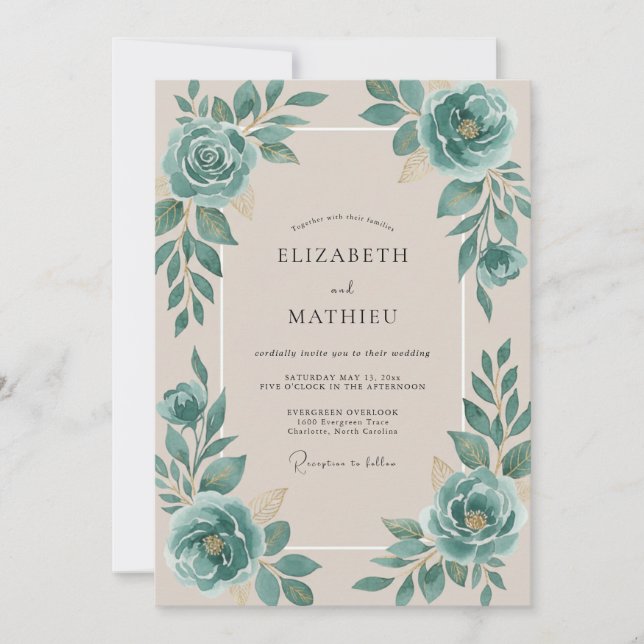 Champagne Teal Rose Wedding Invitation (Front)
