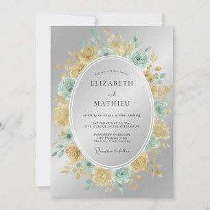 Champagne Teal Wreath Wedding Invitation