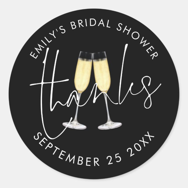 Champagne Thanks Script Black Bridal Shower Classic Round Sticker (Front)