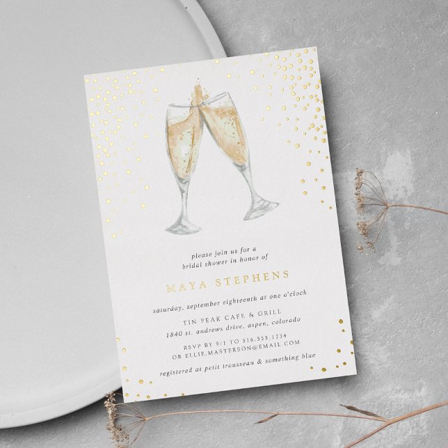 Champagne Toast | Bridal Shower (Elegant champagne theme bridal shower invitations on smooth white paper with gold foil)