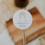 Champagne Toast "Cheers to Love" Personalized Classic Round Sticker<br><div class="desc">Festive and elegant stickers for your engagement party,  rehearsal dinner or wedding feature a pair of clinking champagne glasses in watercolor,  filled with bubbly. Personalize with two lines of custom text beneath; shown with "cheers to love" and the couple's names.</div>