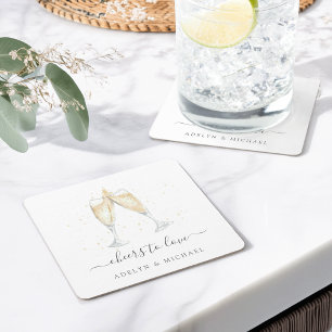Champagne Toast "Cheers to Love" Personalized Square Paper Coaster