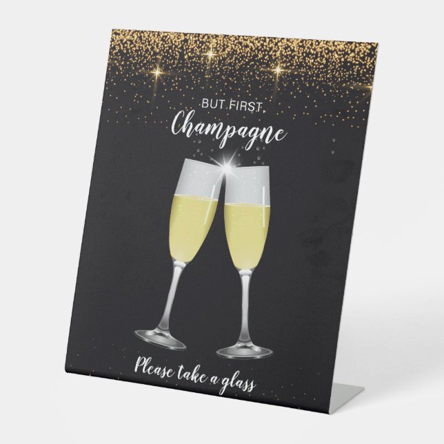 Champagne Toast Glitter New Year's Eve Party Pedestal Sign (Front)