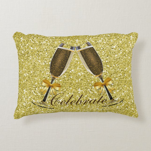 Champagne Toast Gold Faux Glitter Decorative Pillow (Front)