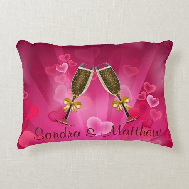 Champagne Toast Pink Hearts Decorative Pillow (Front)