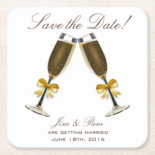 Champagne Toast Save the Date Square Paper Coaster (Front)