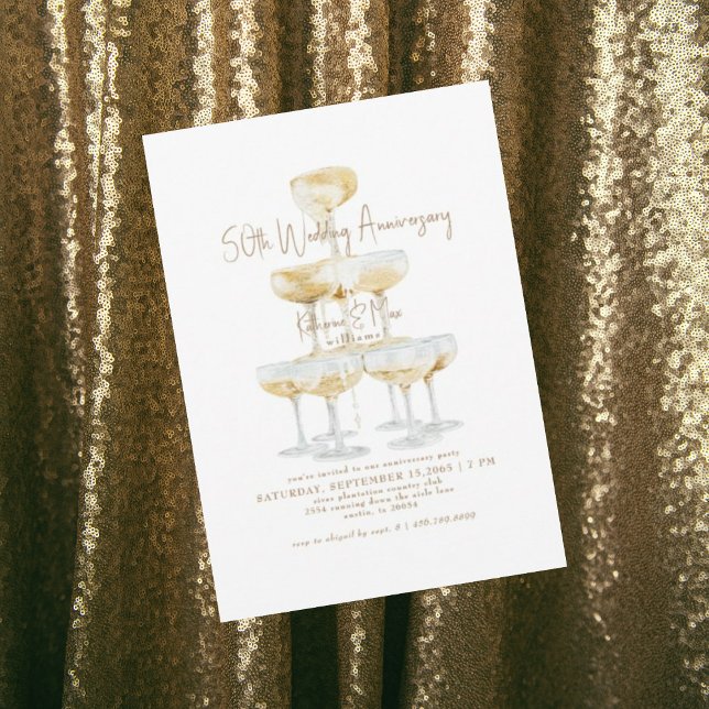 Champagne Tower Gold Text 50th Anniversary Invitation (Creator Uploaded)