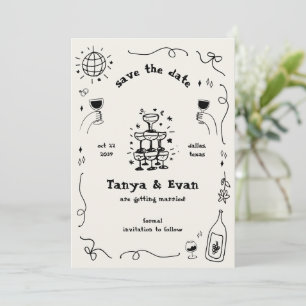 Champagne Tower Hand Drawn Fun Disco Wedding Save The Date