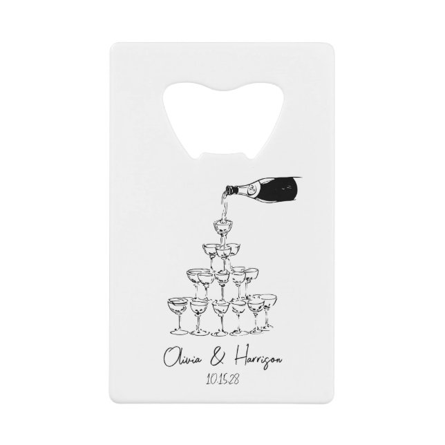 Champagne Tower Sketch Custom Name Wedding Credit Card Bottle Opener (Front)