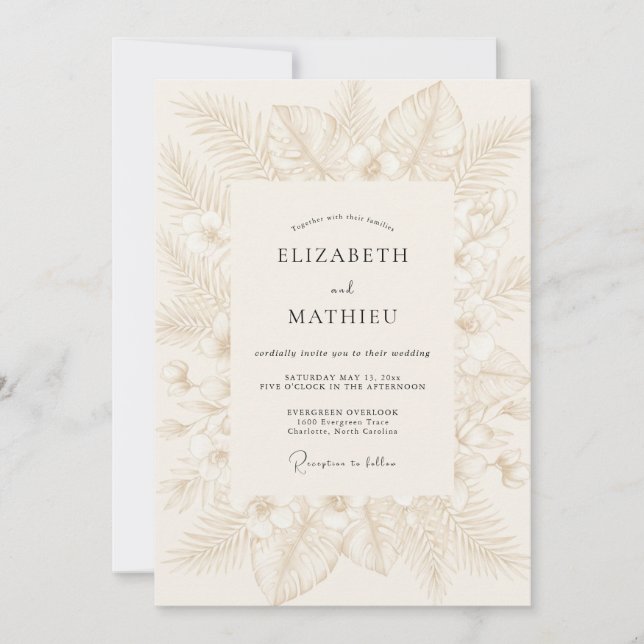Champagne Tropical Leaf Wedding Invitation (Front)