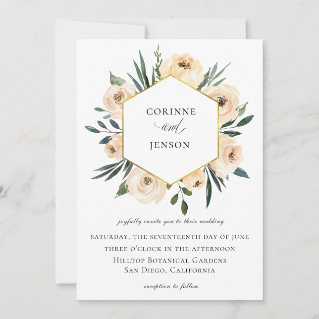 Champagne Watercolor Floral Geometric Wedding Invitation (Front)