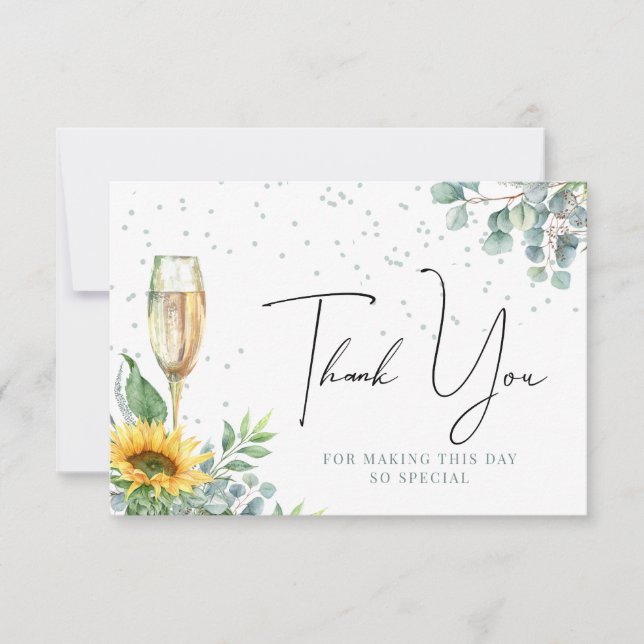 Champagne Watercolor Sunflower Bridal Shower Thank You Card (Front)