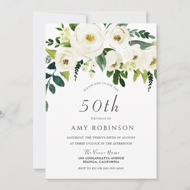 Champagne White Floral Elegant 50th Birthday Party Invitation (Front)