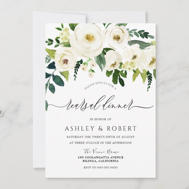 Champagne White Flowers Elegant Rehearsal Dinner Invitation (Front)