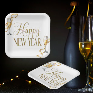Champagne White & Gold New Year's Eve Party Paper Plate
