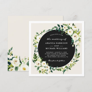 Champagne White Greenery Floral Square Wedding Invitation