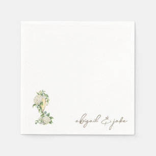 Champagne White Hydrangeas Script Names Wedding Napkin