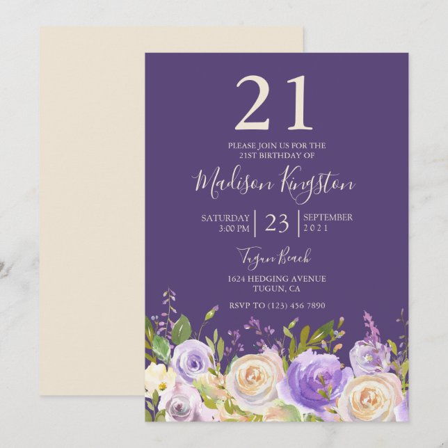 Champagne White Rose Purple 21st Birthday Party Invitation (Front/Back)