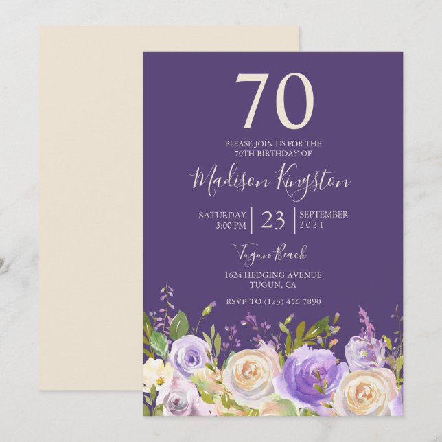 Champagne White Rose Purple 70th Birthday Party Invitation (Front/Back)