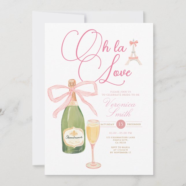 Champagne Wine Pink bow Paris Theme Bridal Shower Invitation (Front)