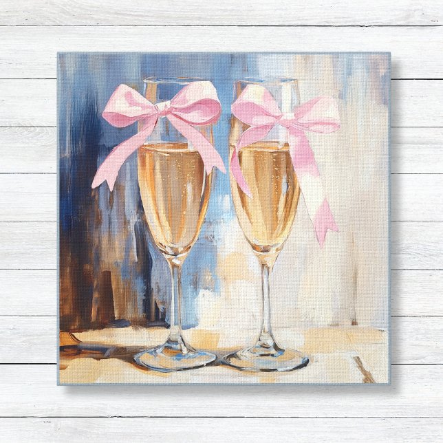 Champagne with Pink Bows Unique Bridal Shower Gift Canvas Print (Unique Giftt for the Bride - Bridal Shower Canvas Art - Champagne Glasses Painting with Pink Bows)