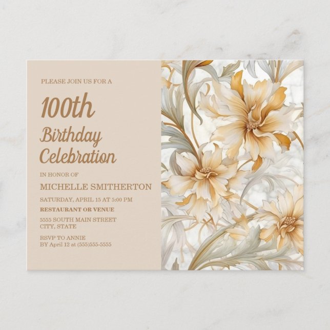 Champagne Yellow Floral Women's 100th Birthday Invitation Postcard (Front)