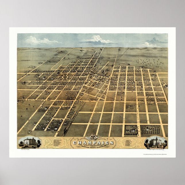 Champaign, IL Panoramic Map - 1869 Poster (Front)