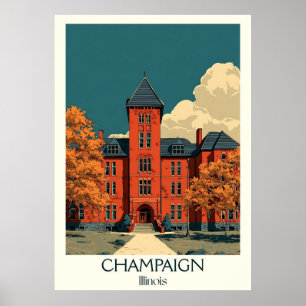 Champaign Illinois Vintage University Campus Art Poster