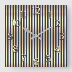Champaigne Gold Arabic Number Blue Navy Stripes Square Wall Clock