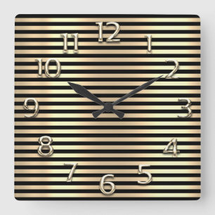 Champaigne Gold Arabic Numbers Black Lines Stripes Square Wall Clock